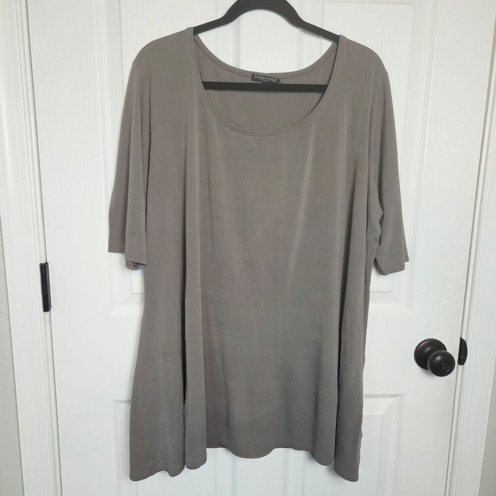 Eileen Fisher Shirt Womens 1X Gray Silk Scoop Neck Tunic Short Sleeve Top